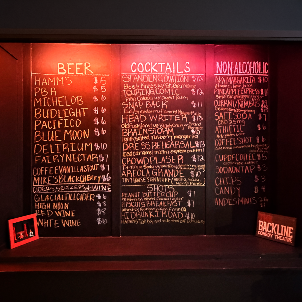Our full drink menu, inlcuding cocktails, beers, and non-alcoholic beverages.
