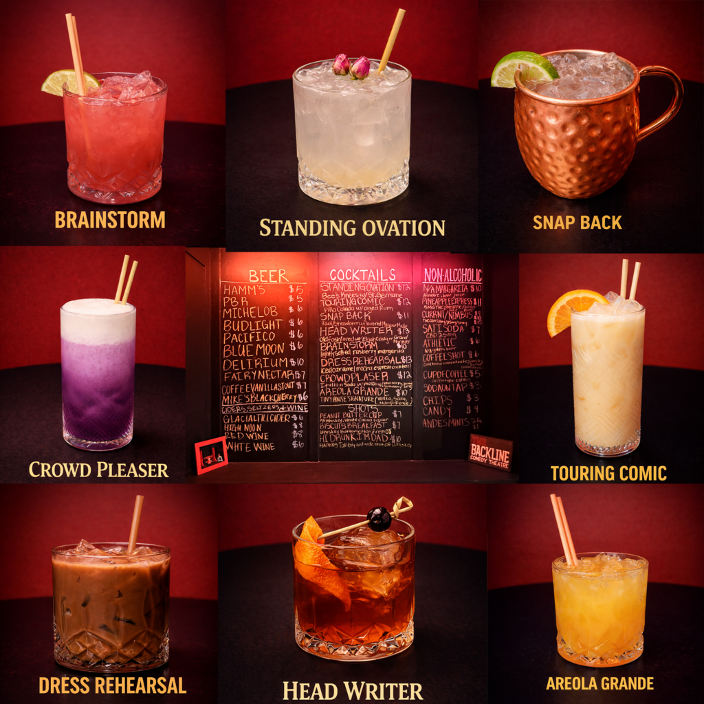 Our full drink menu, inlcuding cocktails, beers, and non-alcoholic beverages.